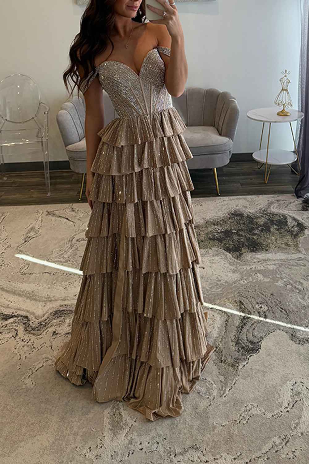 Sparkly Gold Off the Shoulder A-Line Tiered Long Corset Prom Dress with Beading