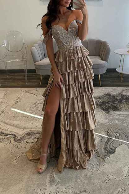Sparkly Gold Off the Shoulder A-Line Tiered Long Corset Prom Dress with Beading
