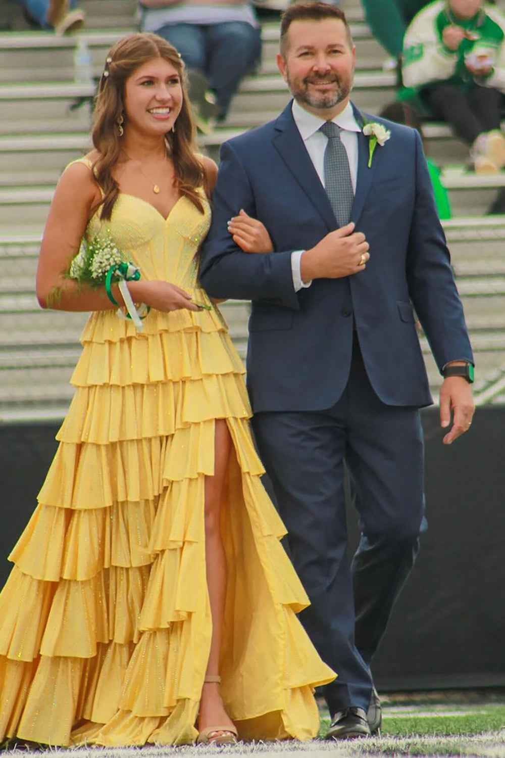 Sparkly Gold Off the Shoulder A-Line Tiered Long Corset Prom Dress with Beading