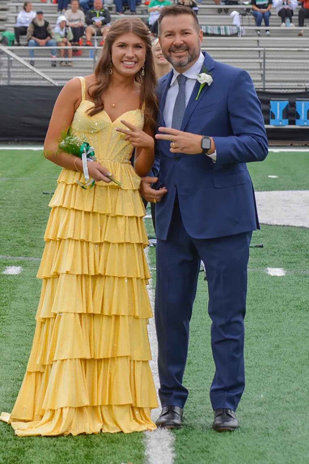 Sparkly Gold Off the Shoulder A-Line Tiered Long Corset Prom Dress with Beading