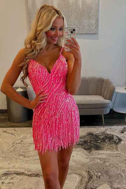 Sparkly Hot Pink Spaghetti Straps Sequins  Bodycon Short Homecoming Dress with Fringe