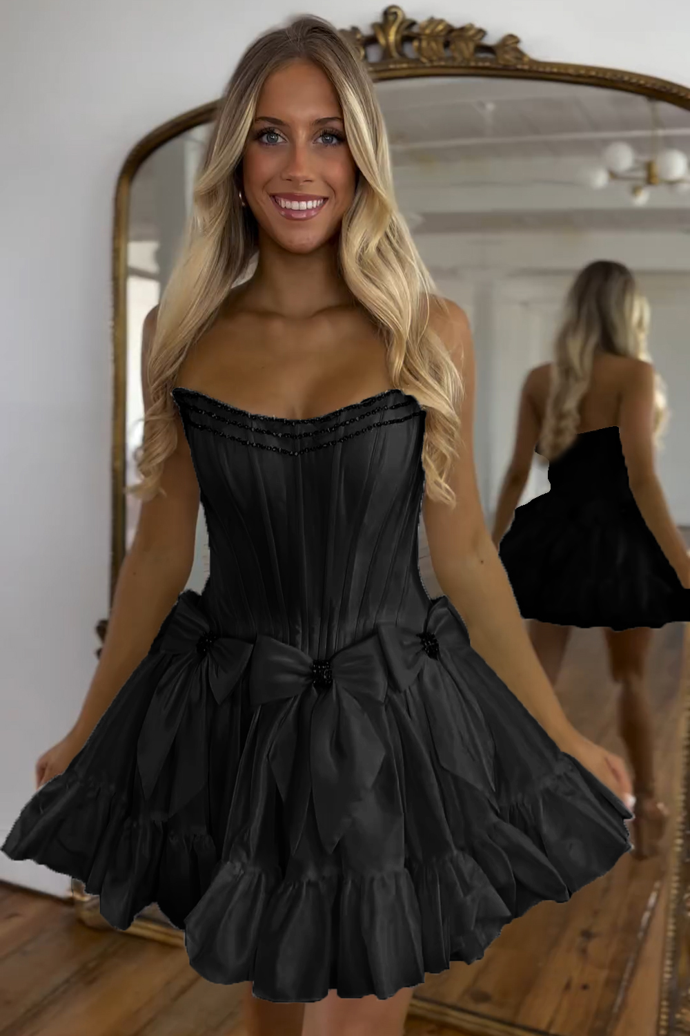Sparkly Black Strapless Corset Short Homecoming Dress With Bow-BMbridal