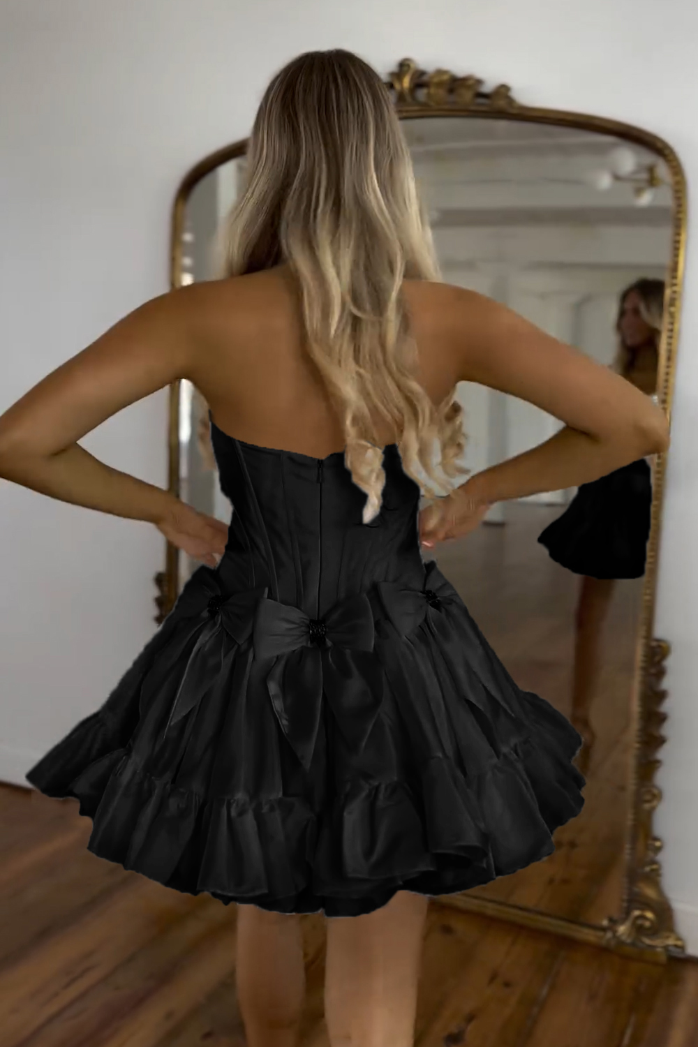 Sparkly Black Strapless Corset Short Homecoming Dress With Bow-BMbridal