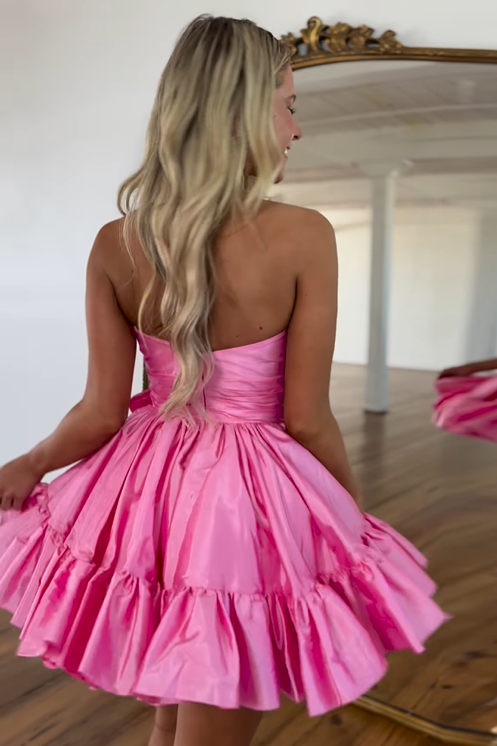 A Line Fuchsia Strapless Tiered Short Homecoming Dress with Bow-BMbridal
