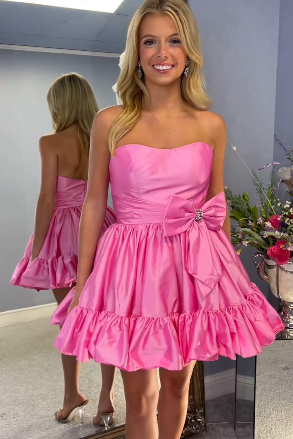 Fluffy Fuchsia Strapless A Line Tiered Short Homecoming Dress with Bow-BMbridal