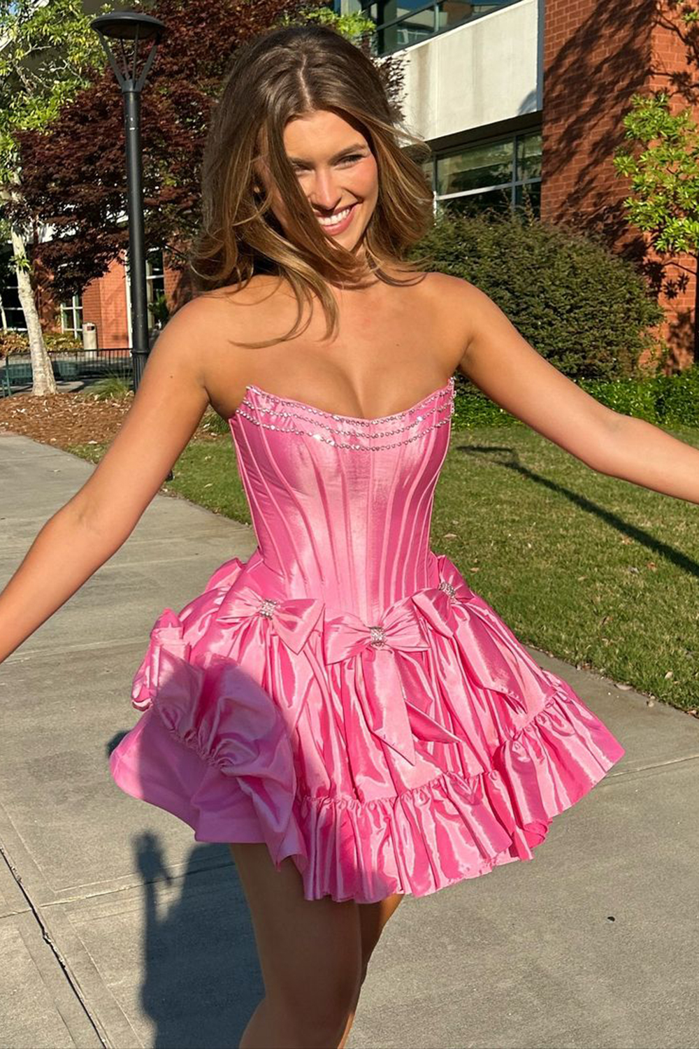 Pink A Line Corset Strapless Short Homecoming Dress With Bows-BMbridal