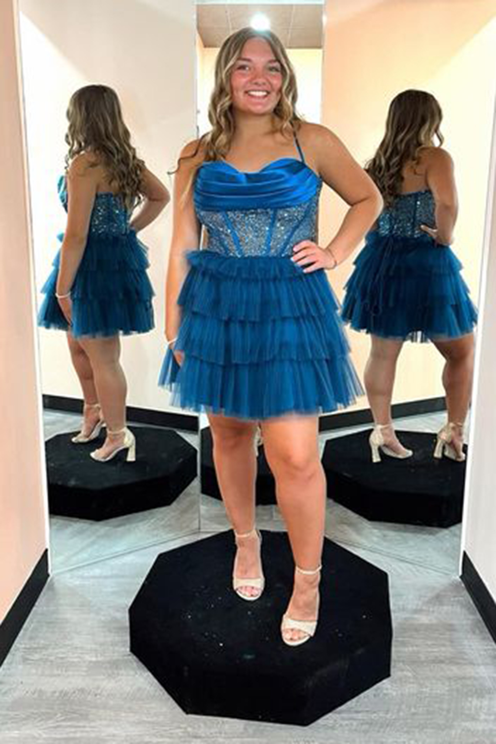 Sparkly Peacock Blue Corset Ruffled Short Homecoming Dress  BMBRIDAL