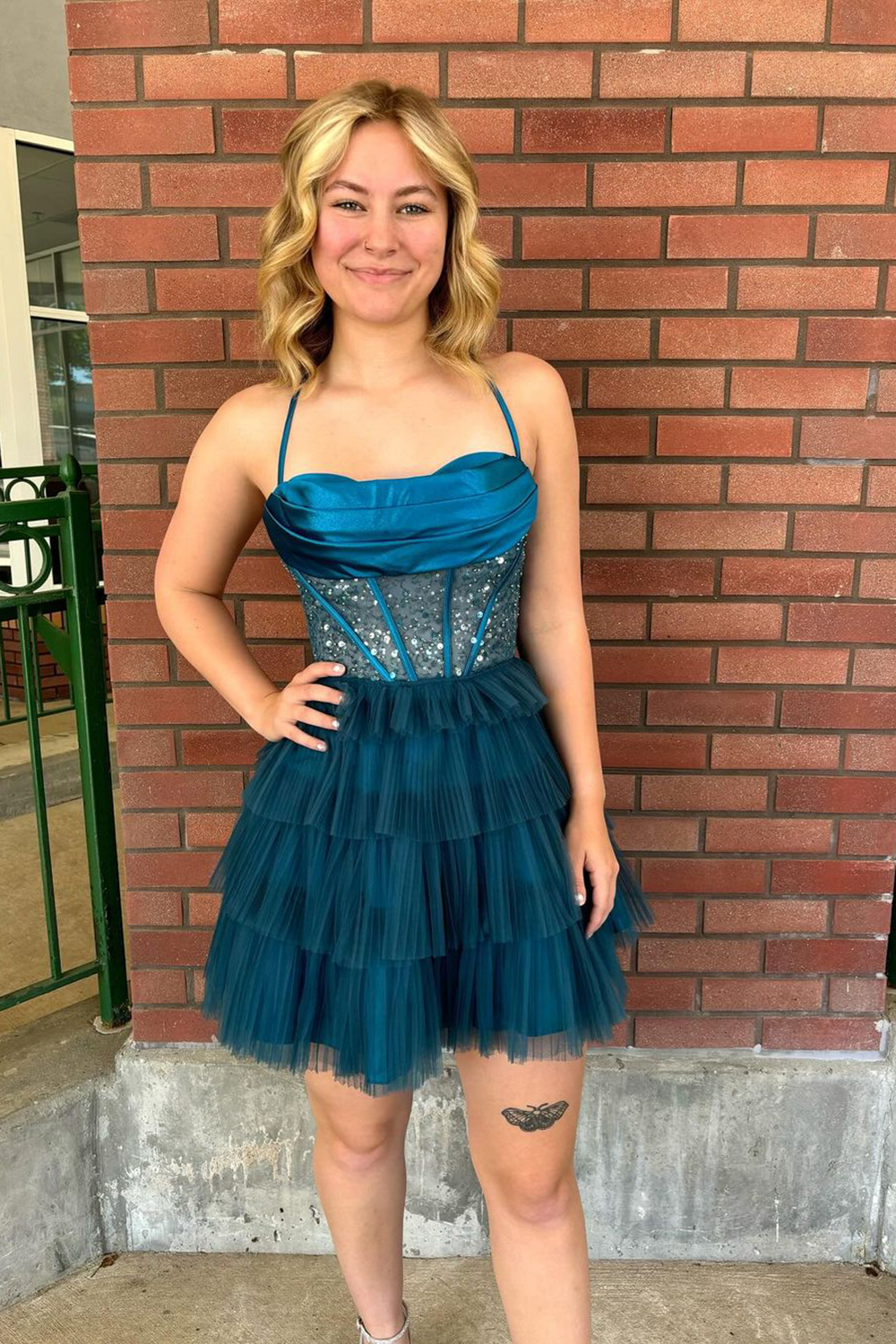 Sparkly Peacock Blue Corset Ruffled Short Homecoming Dress-BMbridal