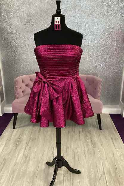 Fuchsia A-Line Ruched Short Homecoming Dress with Bow