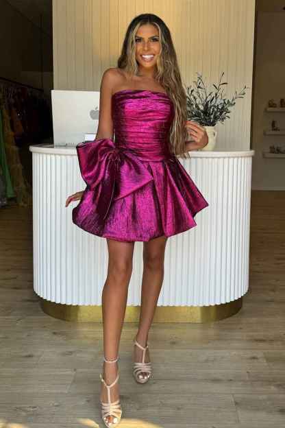 Fuchsia A-Line Ruched Short Homecoming Dress with Bow