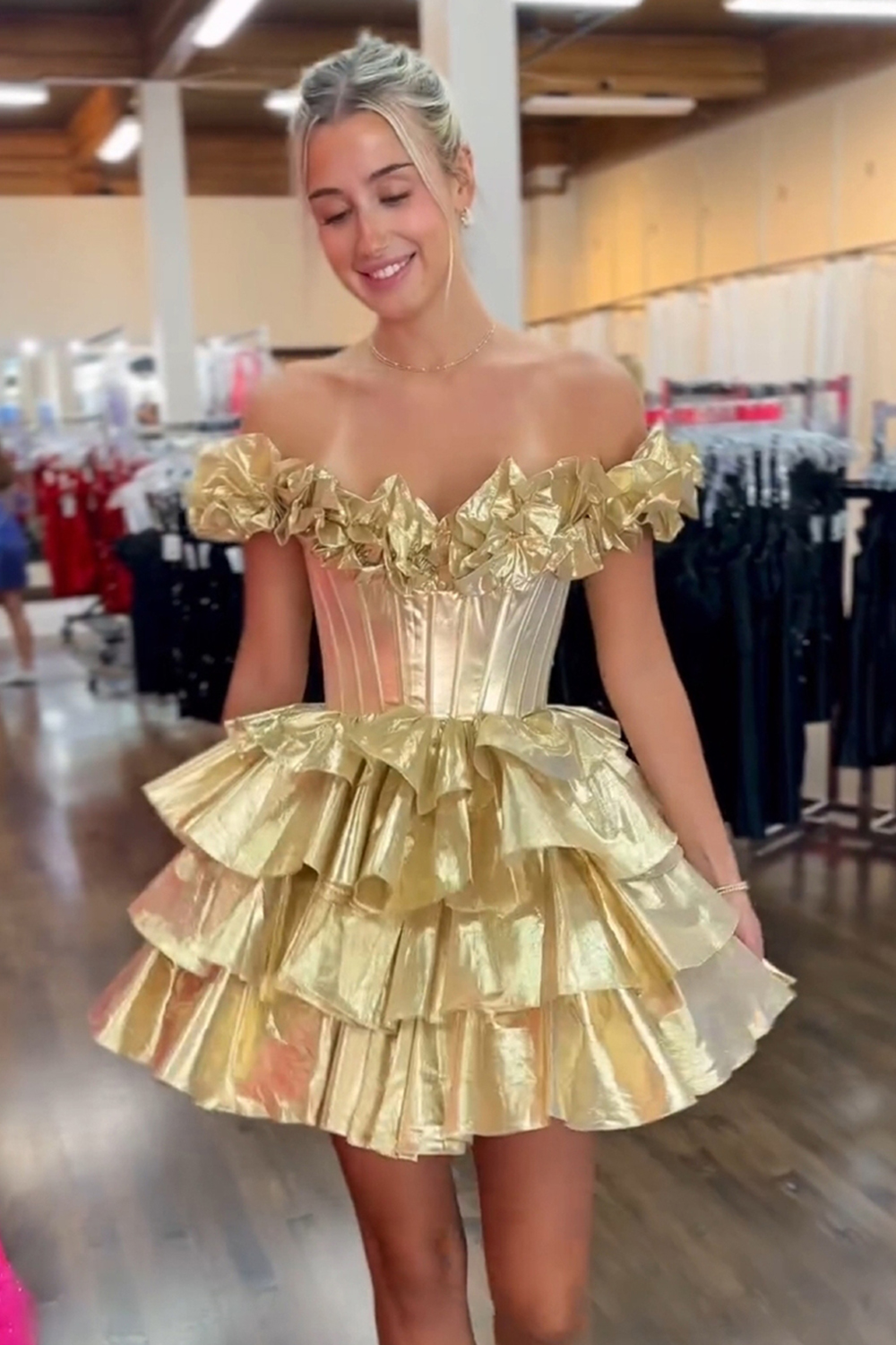 Golden Off The Shoulder Corset Short Homecoming Dress With Ruffles-BMbridal