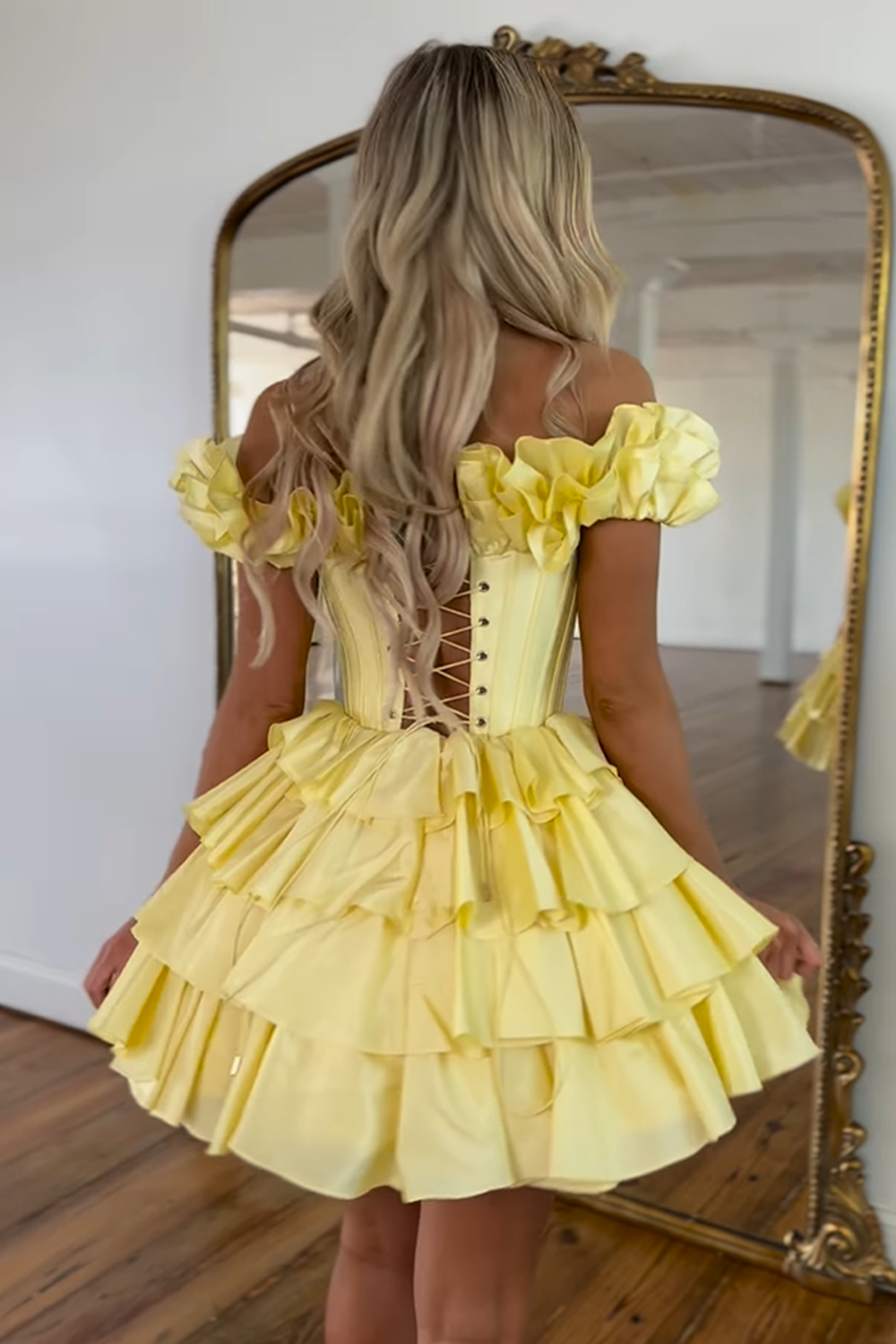 Yellow Off The Shoulder Corset Short Homecoming Dress With Ruffles-BMbridal