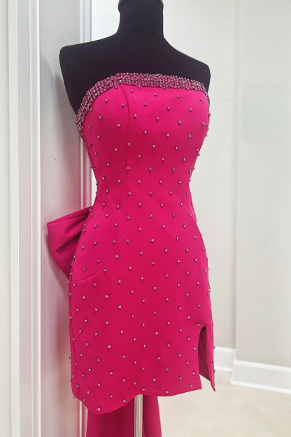 Glitter Fuchsia Beaded Strapless Bodycon Short Homecoming Dress With Bow