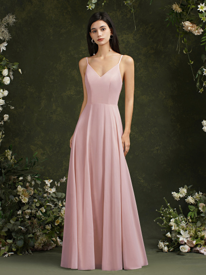 BMbridal Spaghetti-Straps V-Neck Champagne Bridesmaid Dress Long Sleeveless