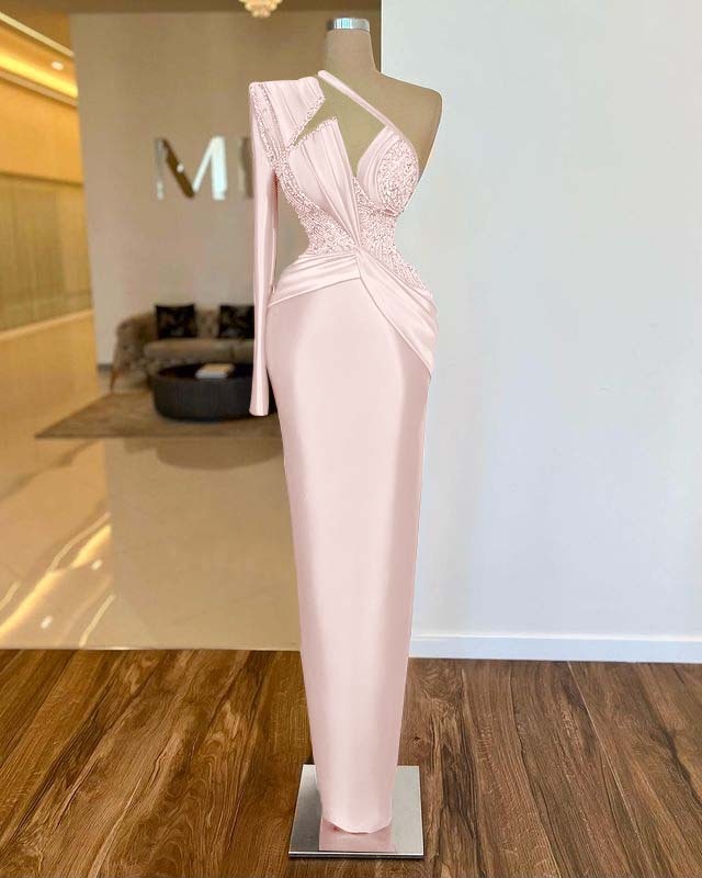 Long Sleeve One Shoulder Long Prom Dress With Pleated Appliques