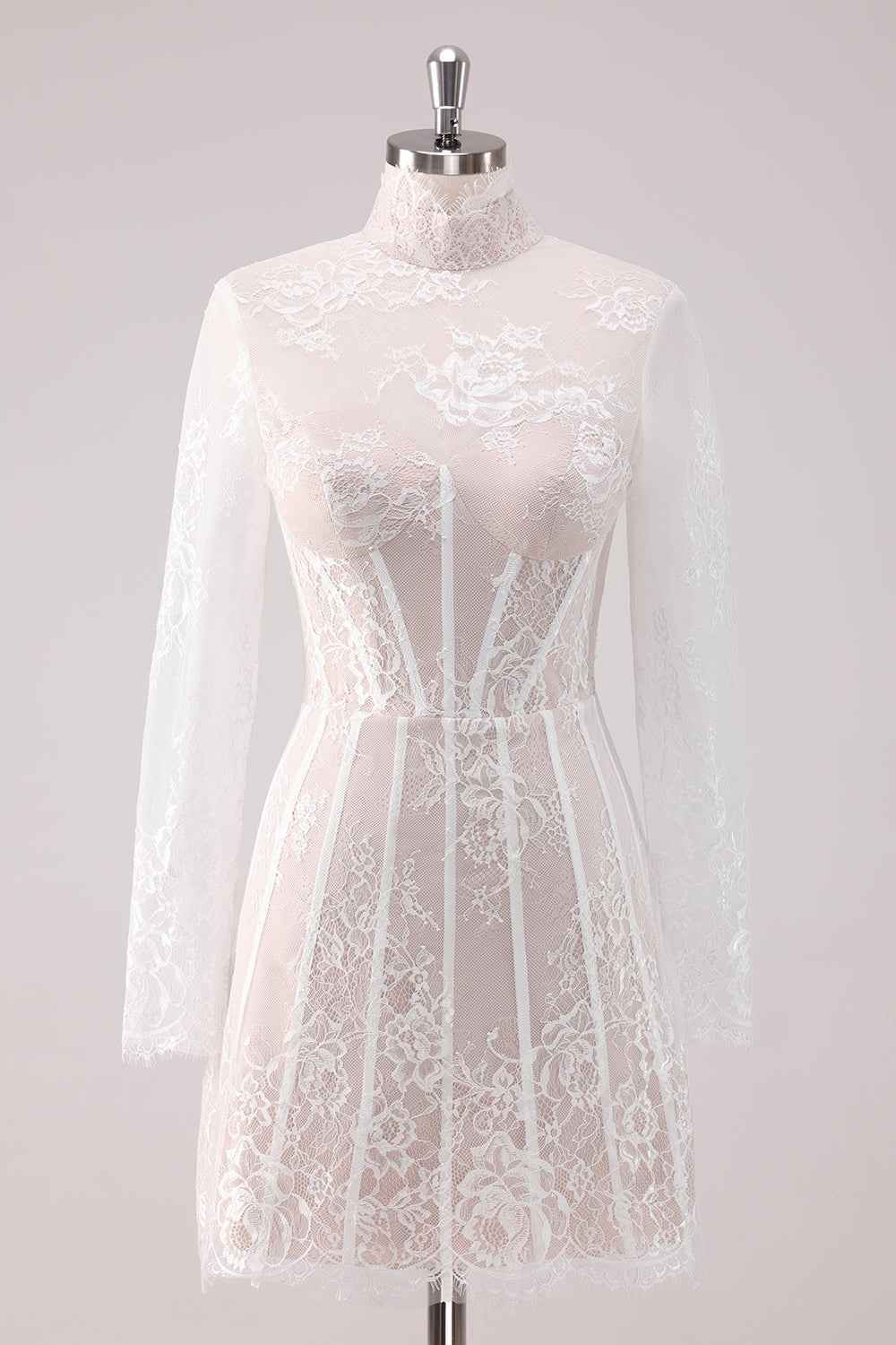 Elegant White Lace High Neck Corset Mini Homecoming Dress with Long Sleeves