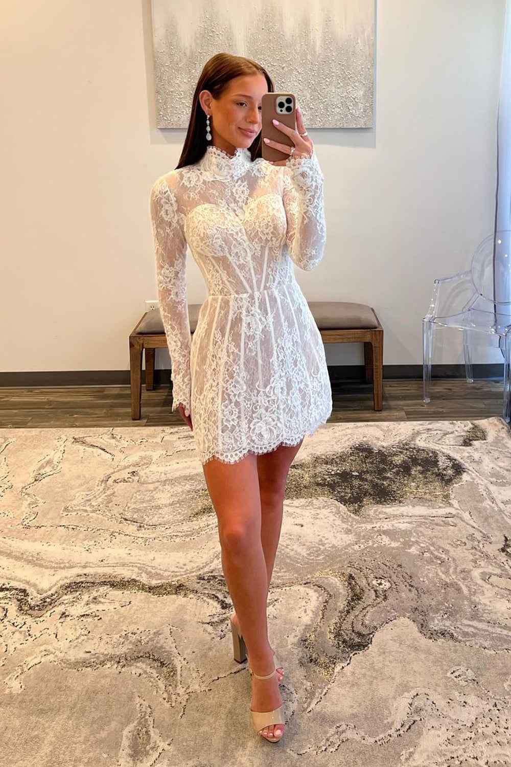 Elegant White Lace High Neck Corset Mini Homecoming Dress with Long Sleeves