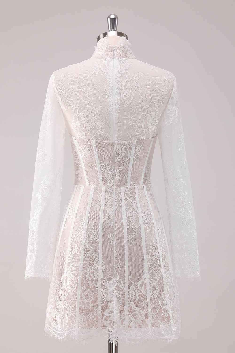 Elegant White Lace High Neck Corset Mini Homecoming Dress with Long Sleeves