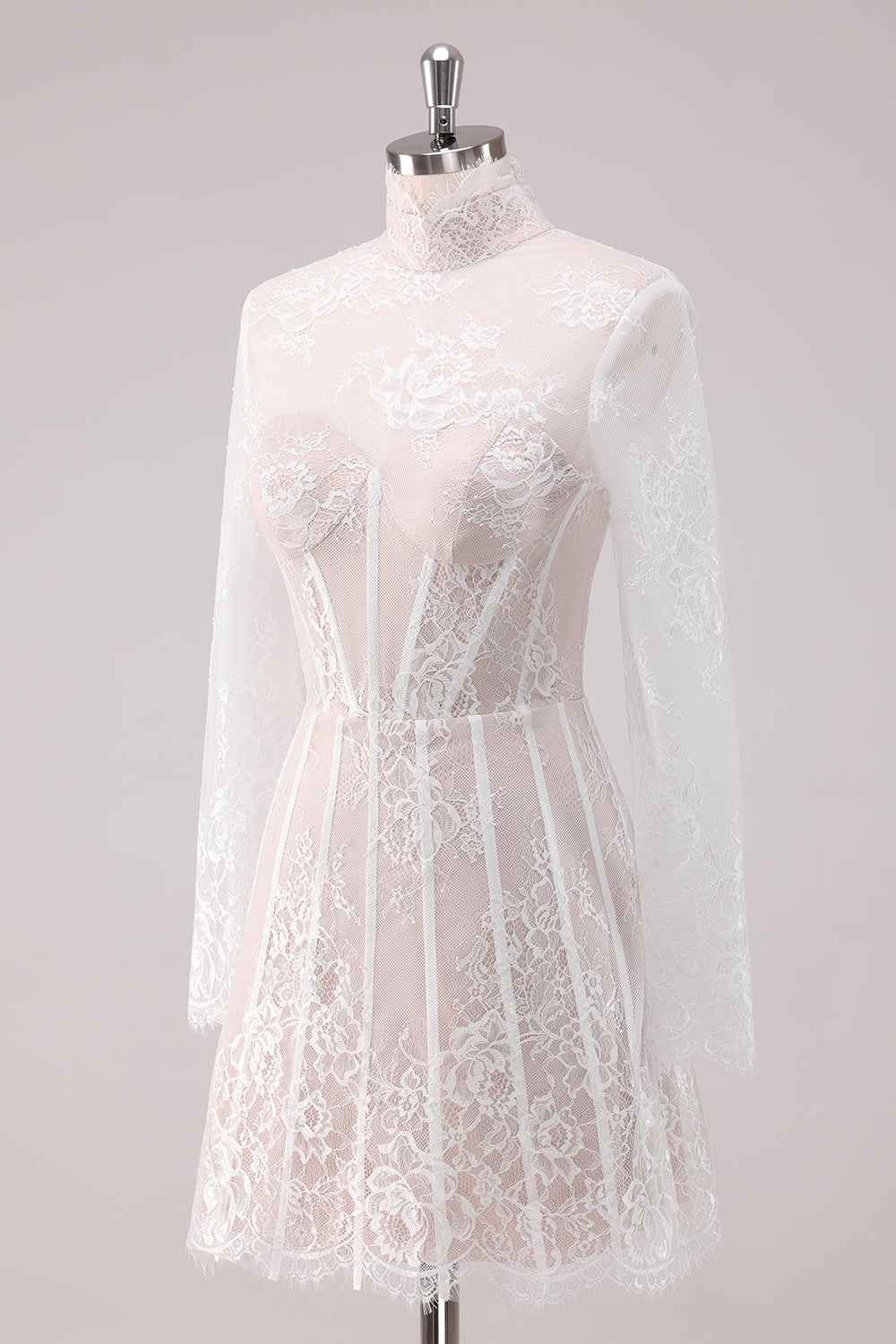 Elegant White Lace High Neck Corset Mini Homecoming Dress with Long Sleeves
