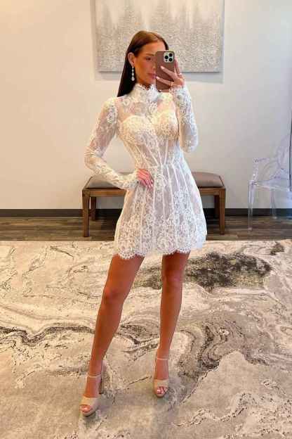 Elegant White Lace High Neck Corset Mini Homecoming Dress with Long Sleeves