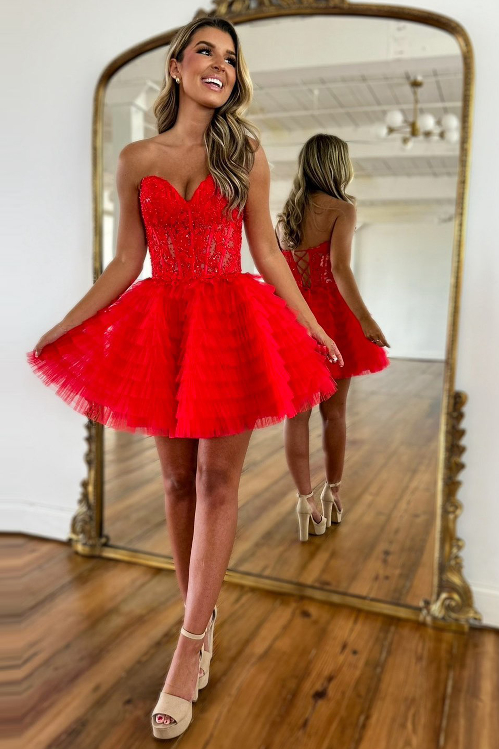 Sparkly Red Strapless Corset A Line Short Homecoming Dress With Beadings-BMbridal