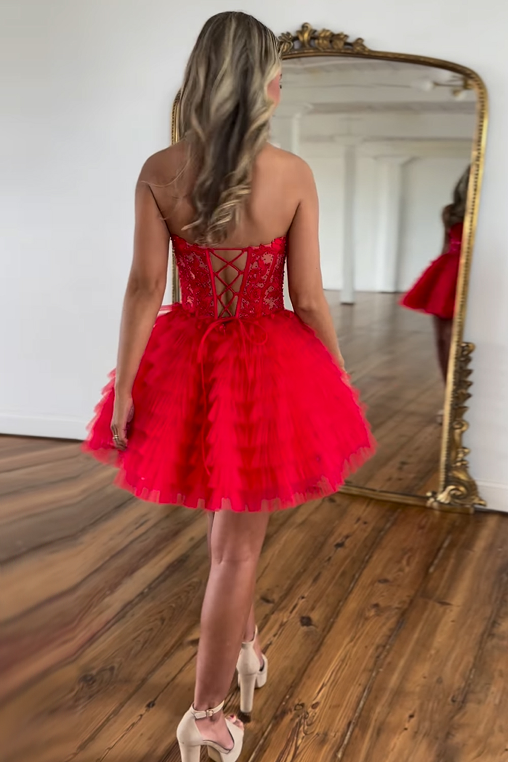 Sparkly Red Strapless Corset A Line Short Homecoming Dress With Beadings-BMbridal