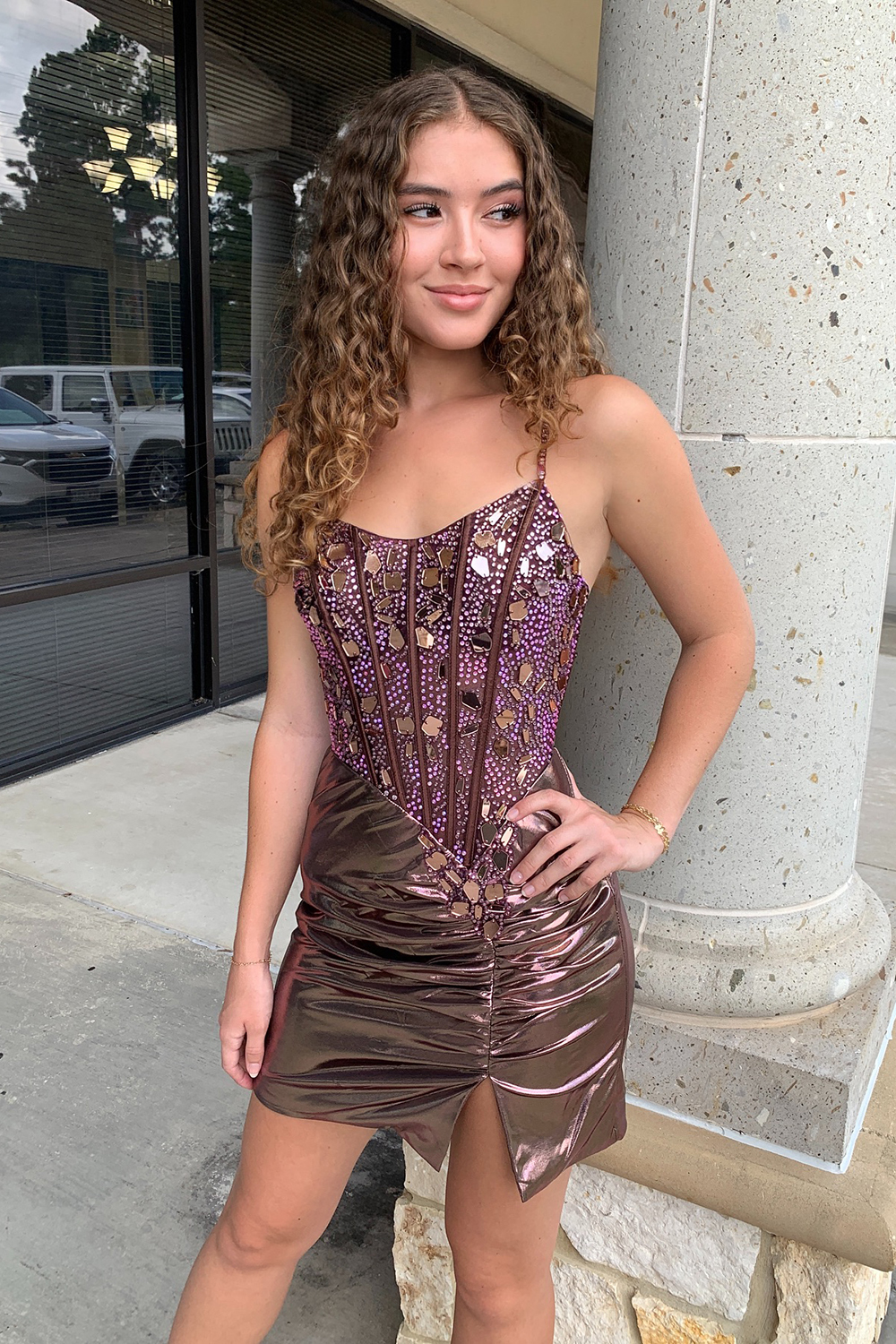 Rose Gold Spaghetti Straps Mirror Tight Short Homecoming Dress with Beading-BMbridal