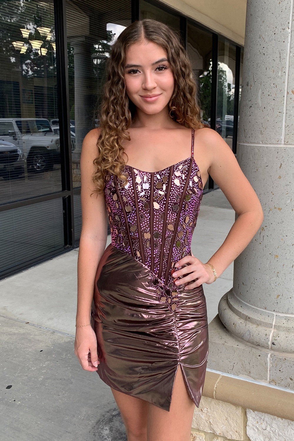 Rose Gold Spaghetti Straps Mirror Tight Short Homecoming Dress with Beading-BMbridal
