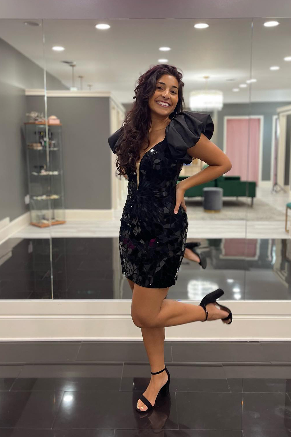 Black Mirror Tight Short Homecoming Dress With Puff Sleeves-BMbridal