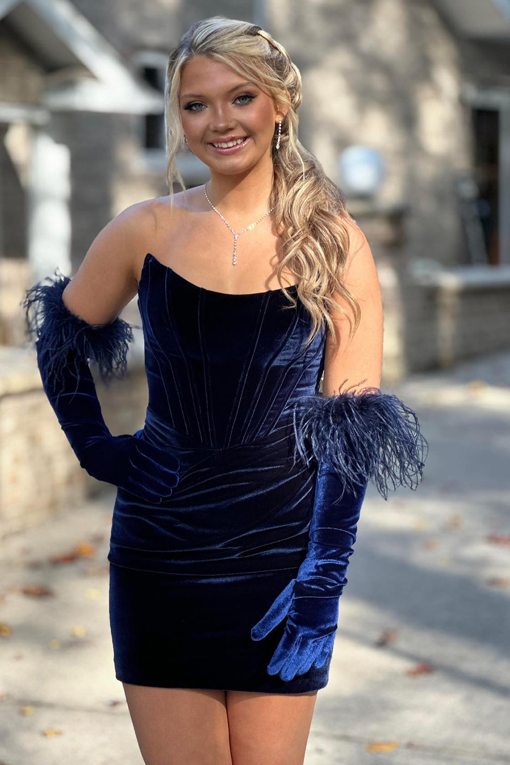 Navy Strapless Velvet Ruched Tight Short Corset Homecoming Dress without Gloves-BMbridal