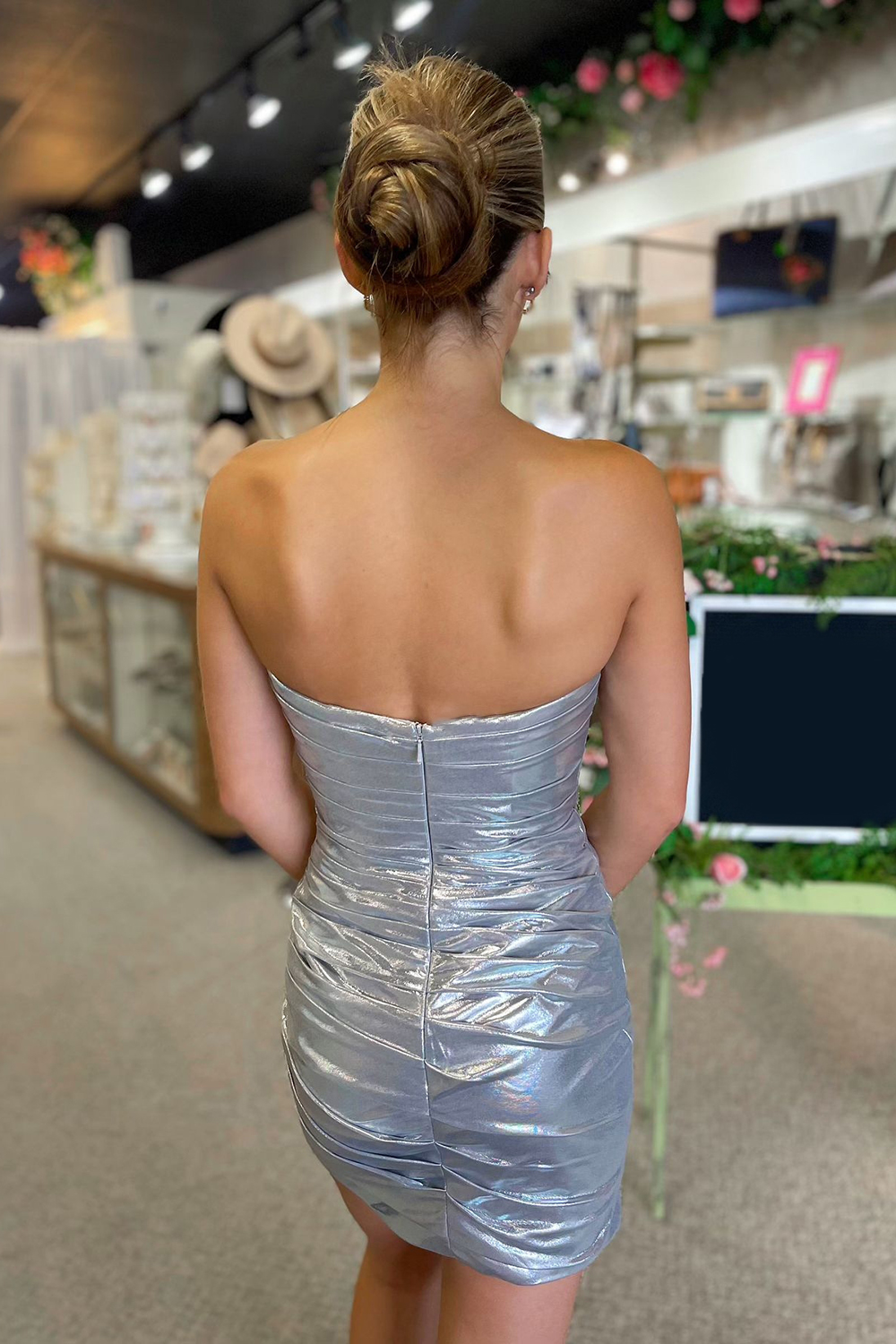 Silver Sparkly Strapless Tight Short Homecoming Dress with Beadings-BMbridal