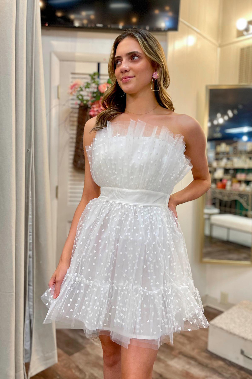 White Tulle Strapless A Line Short Homecoming Dress with Polka Dots-BMbridal