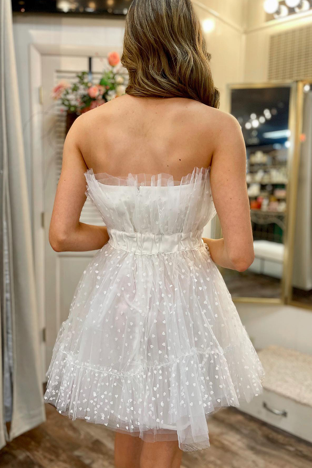 White Tulle Strapless A Line Short Homecoming Dress with Polka Dots-BMbridal