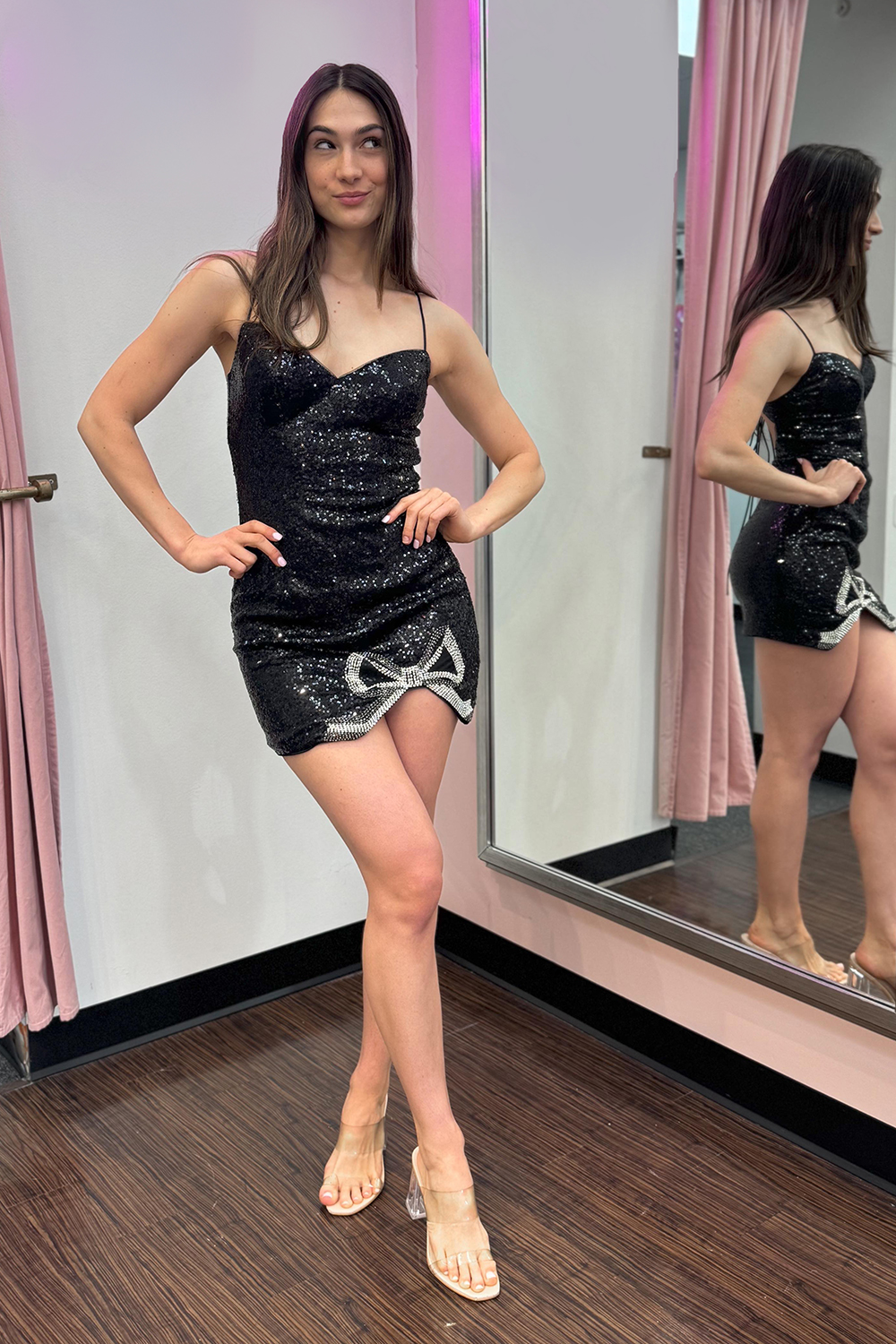 Sparkly Black Sequins Tight Short Homecoming Dress with Bows-BMbridal
