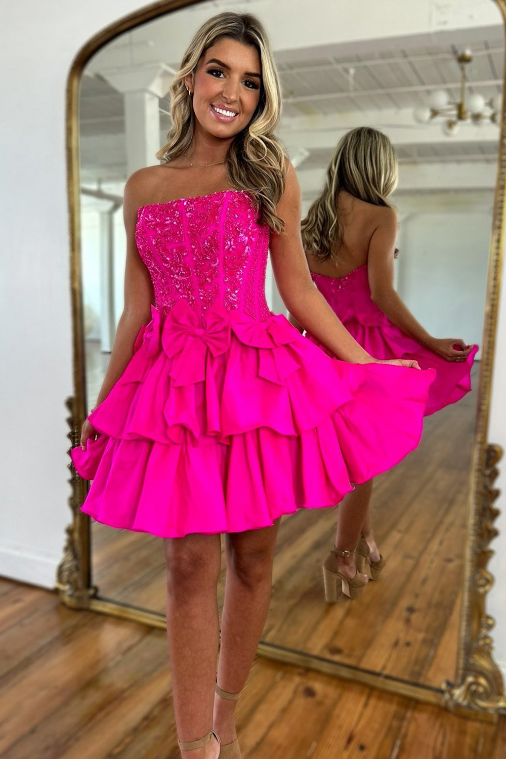 Sparkly Fluffy Fuchsia Tight Short Homecoming Dress with Ruffles-BMbridal
