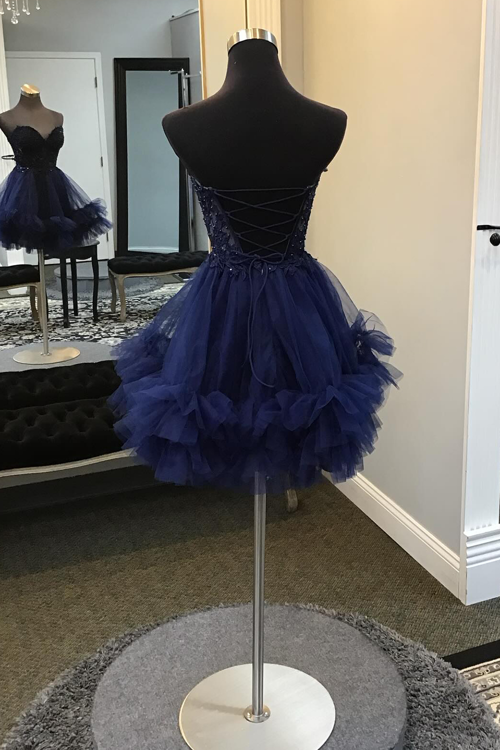 Sparkly Navy Beaded A Line Short Homecoming Dress with Appliques-BMbridal