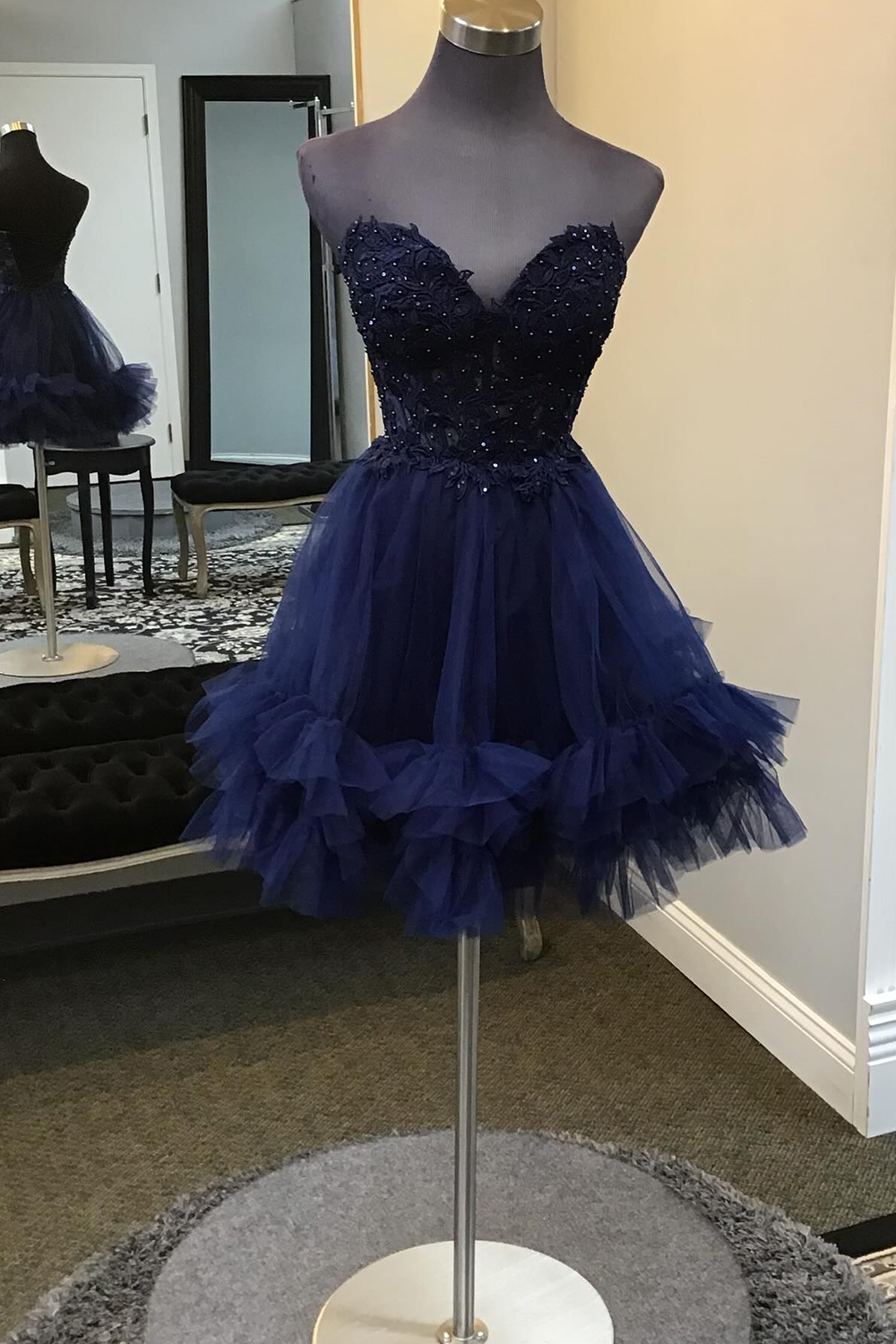 Sparkly Navy Beaded A Line Short Homecoming Dress with Appliques-BMbridal