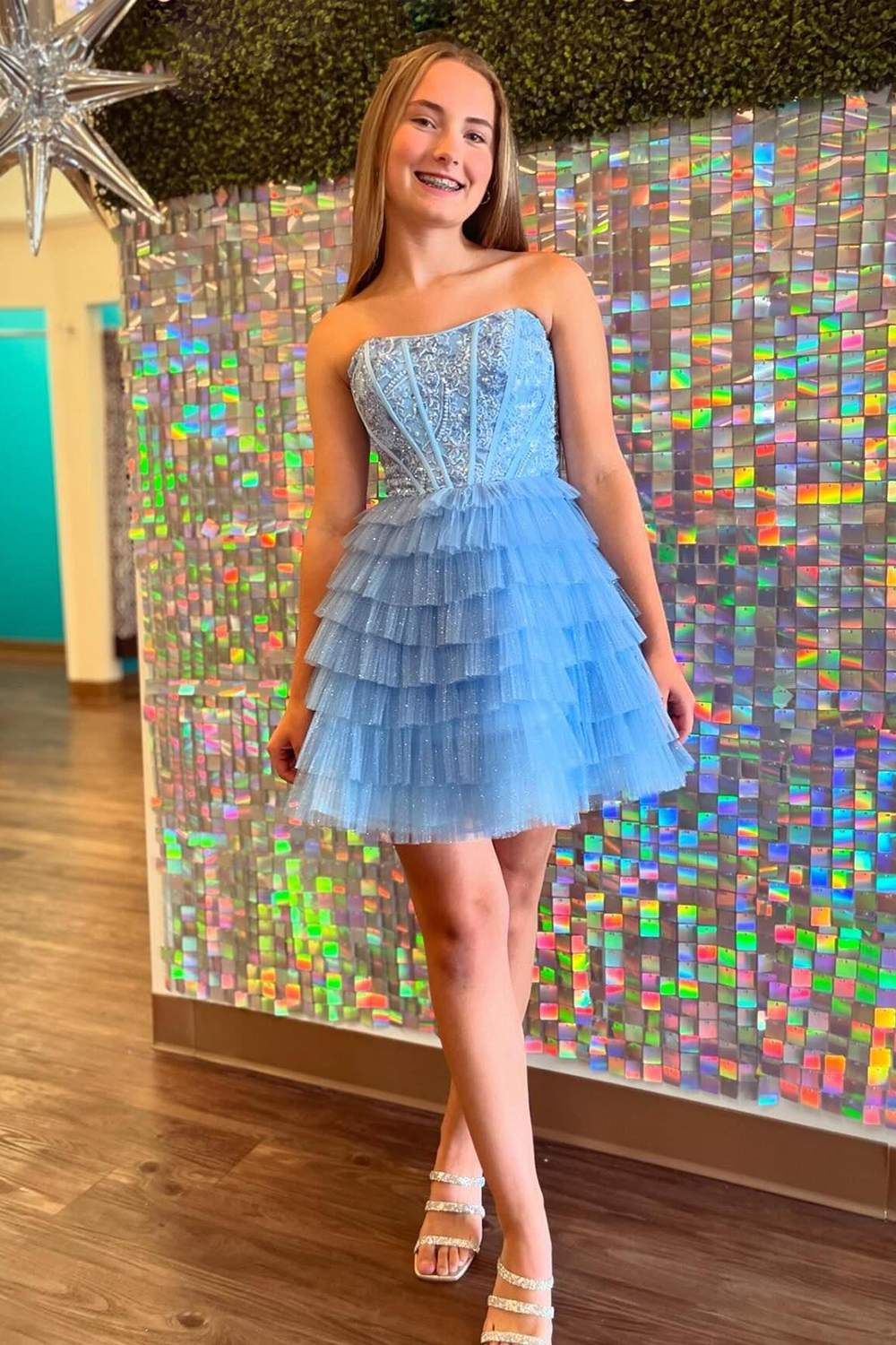 Sparkly A Line Blue Strapless Corset Short Homecoming Dress with Ruffles-BMbridal
