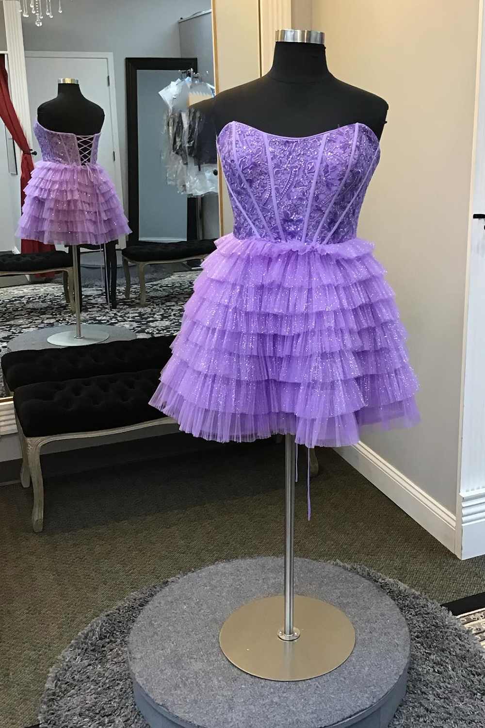 Sparkly A Line Blue Strapless Corset Short Homecoming Dress with Ruffles-BMbridal
