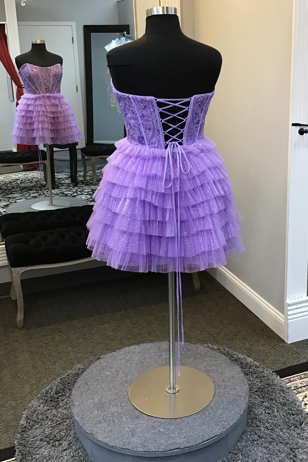 Sparkly Purple Strapless Corset A Line Short Homecoming Dress with Ruffles-BMbridal