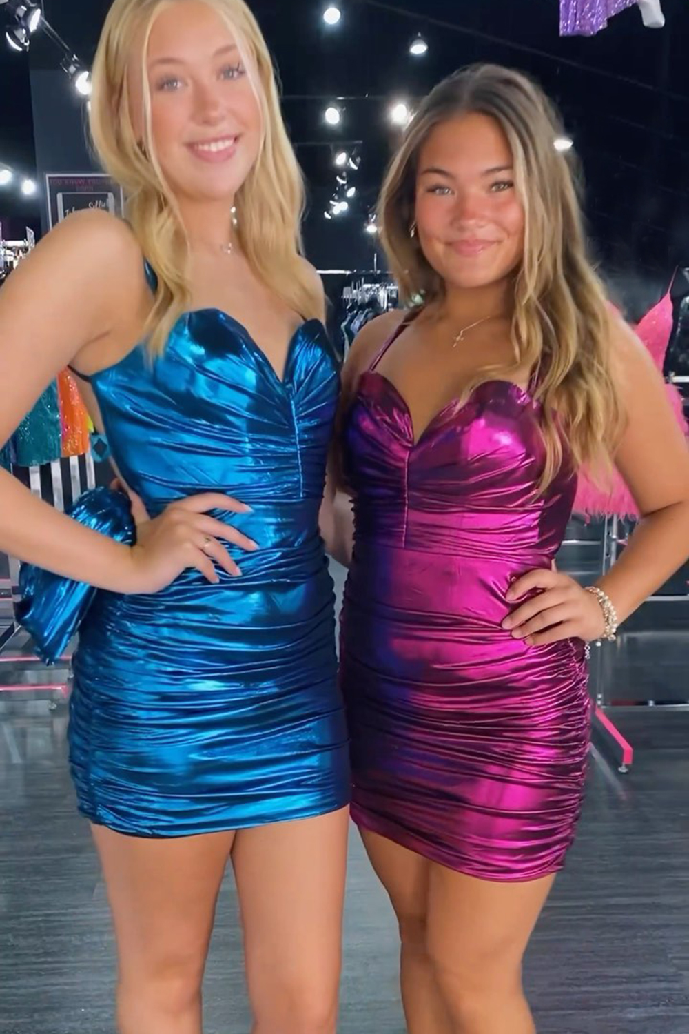 Metallic Blue Spaghetti Straps Backless Tight Short Homecoming Dress-BMbridal