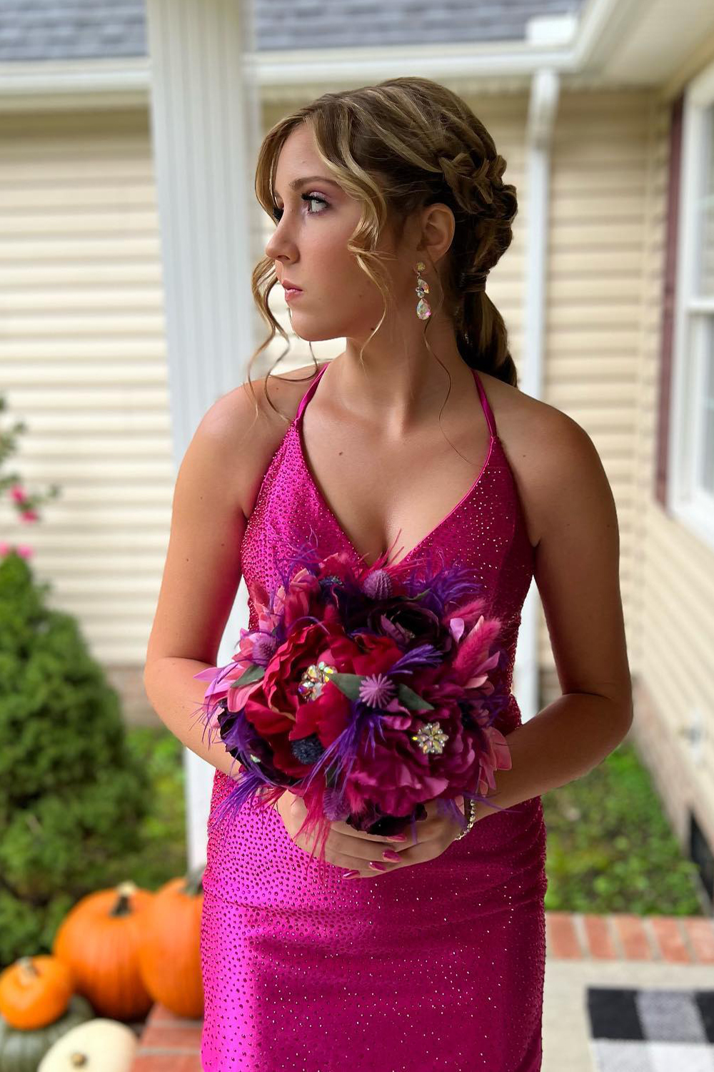 Sparkly Fuchsia Halter Tight Short Homecoming Dress with Beadings  BMBRIDAL