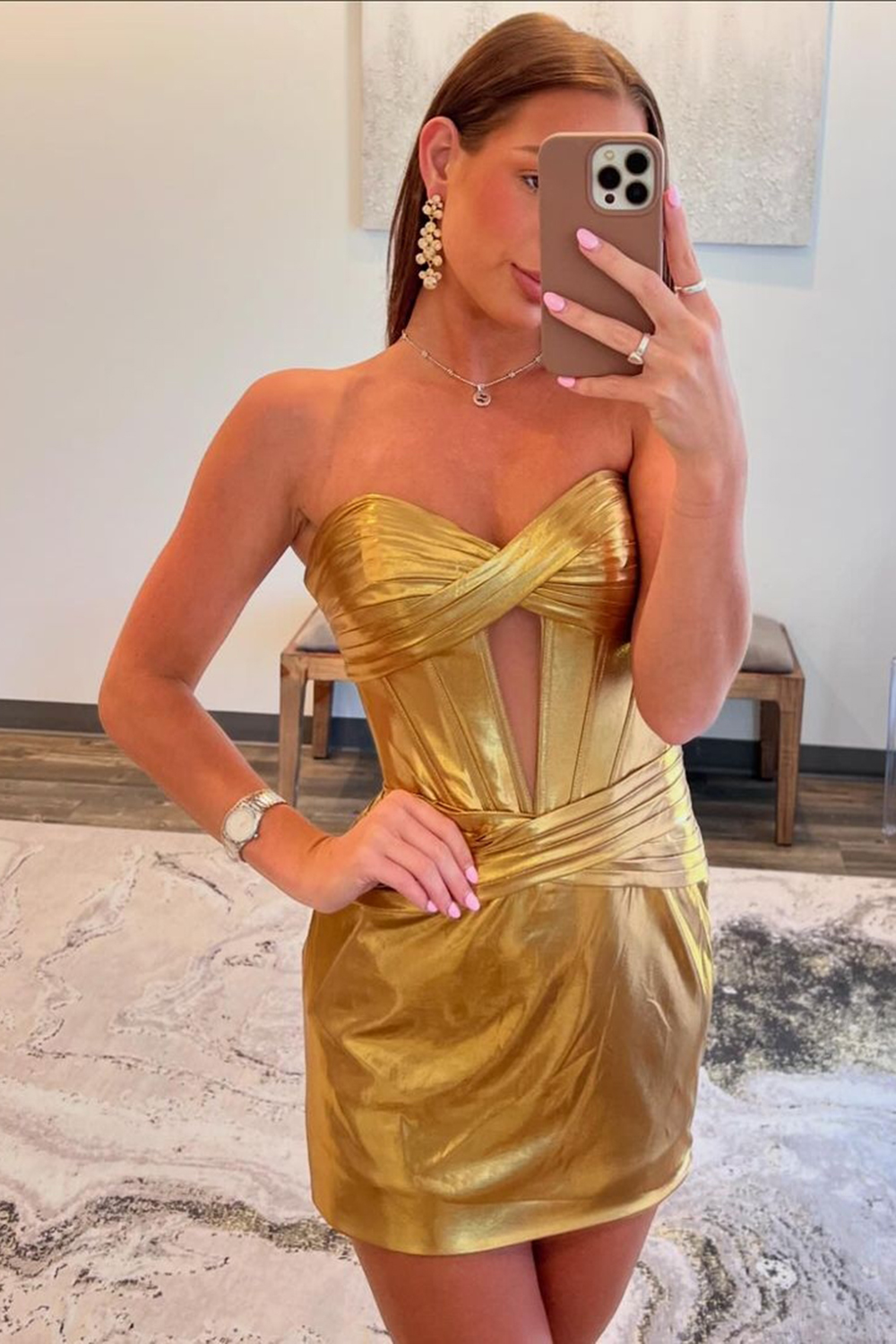Simple Golden Corset Strapless Tight Short Homecoming Dress-BMbridal