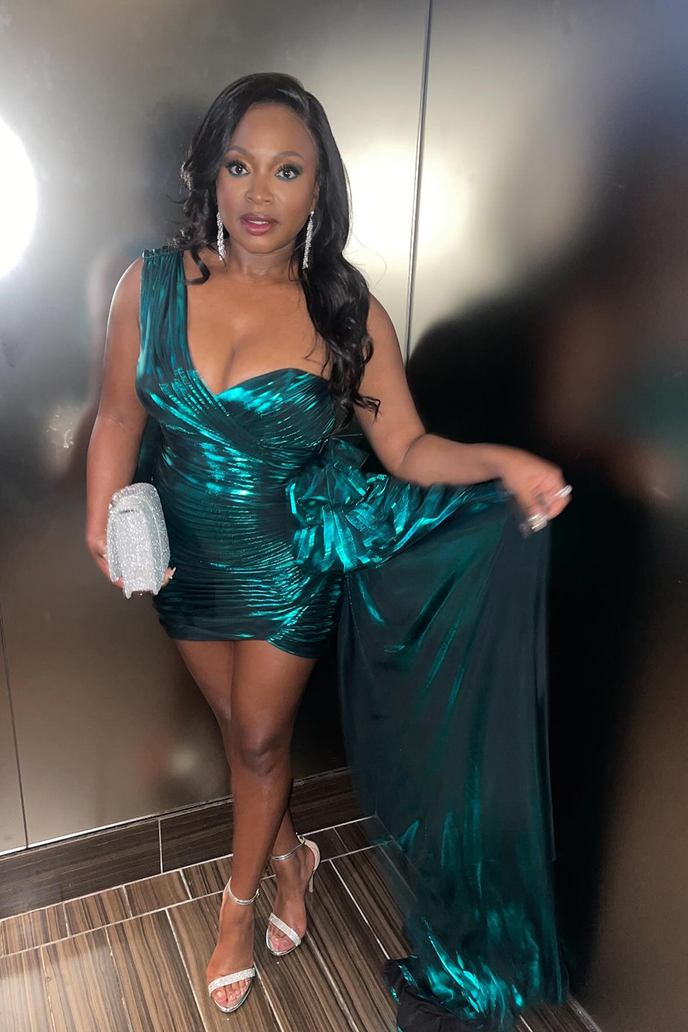 Metallic Emerald Green One Shoulder Tight Short Homecoming Dress-BMbridal