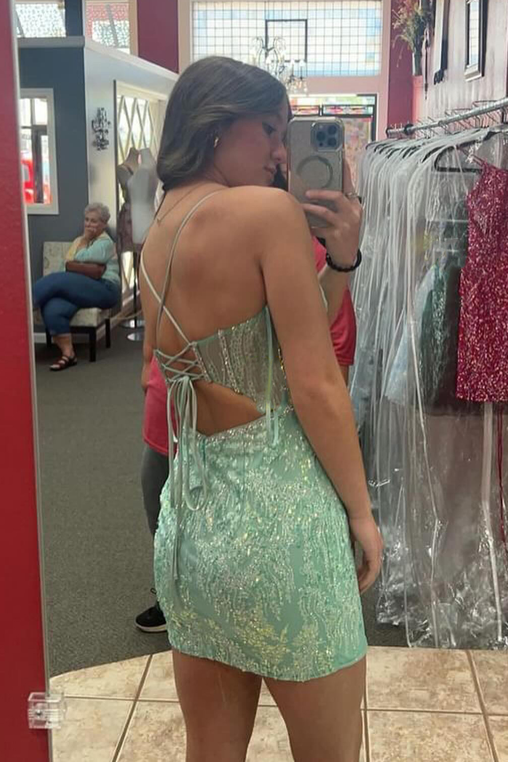 Sparkly Light Green Corset Tight Short Homecoming Dress with Beadings-BMbridal