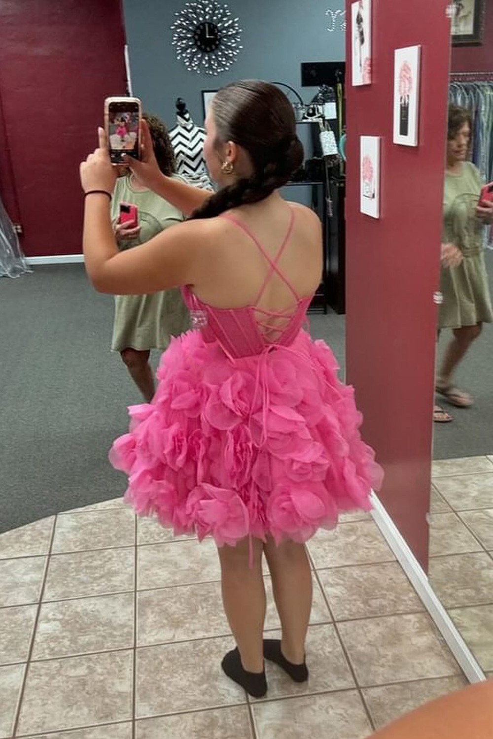 Fuchsia Corset Floral A-Line Short Homecoming Dress with Lace-BMbridal