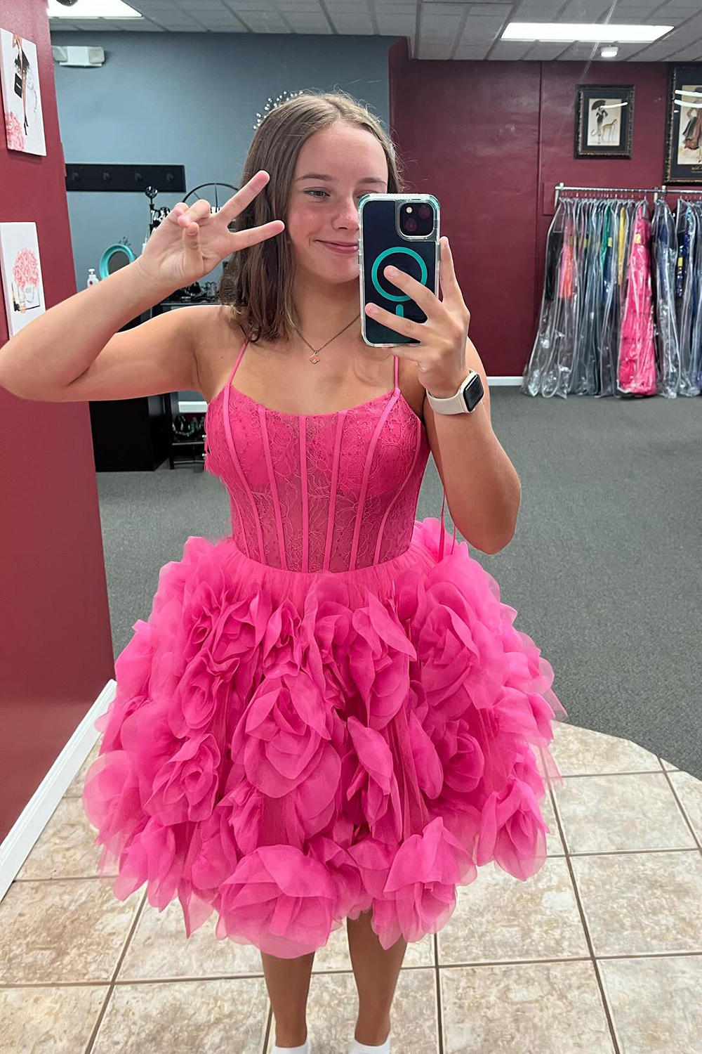 Fuchsia Corset Floral A-Line Short Homecoming Dress with Lace-BMbridal