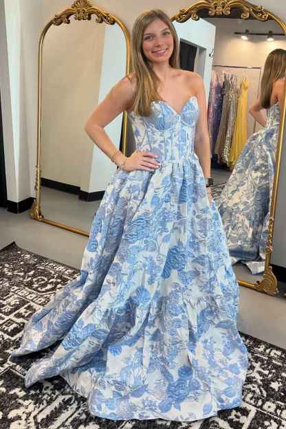 Chic Blue Floral Sweetheart A-Line Long Corset Prom Dress