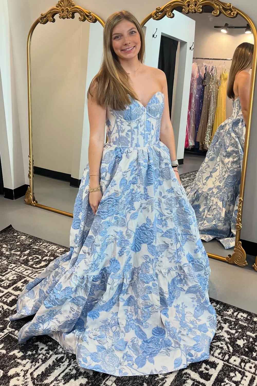 Chic Blue Floral Sweetheart A-Line Long Corset Prom Dress