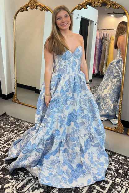 Chic Blue Floral Sweetheart A-Line Long Corset Prom Dress